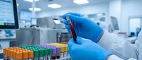Laboratory technician in blue gloves holding blood sample tube in modern medical lab with colorful test tubes for clinical analysis and diagnostics.