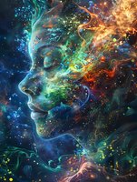 Mystical female profile merged with cosmic nebula, featuring swirling energy in vibrant blues, greens and orange, with glowing particles against dark space background.