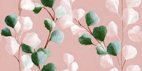 Delicate eucalyptus branches with green leaves and white flowers create seamless botanical pattern on soft pink background, suitable for textile and wallpaper design.