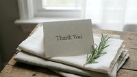 Handwritten thank you card on folded linen napkins with fresh rosemary sprig on rustic wooden table near bright window.