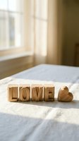 Wooden letter blocks spelling LOVE with a small heart figurine on a sunlit white linen surface, warm natural light from a window.