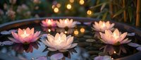 Floating lotus candles create serene ambiance in dark water bowl with warm bokeh lights background for spa relaxation meditation and wellness decor.