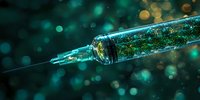 Medical syringe with glowing turquoise liquid and sparkling particles against dark background with bokeh lights creates magical atmosphere.