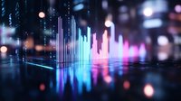 Futuristic holographic data visualization with glowing blue and pink bar charts floating above reflective surface in modern digital environment for business analytics.