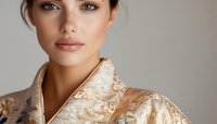 Young woman with natural makeup wearing luxurious beige silk robe with floral embroidery pattern against neutral background, close-up beauty portrait.