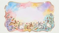 Young rabbits and bunnies surrounded by wildflowers and botanical elements in watercolor style frame with pastel rainbow wash background, isolated on white for design use.