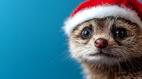 Adorable meerkat wearing red Santa hat against blue background, close-up portrait showing bright eyes and curious expression. Holiday season wildlife concept.