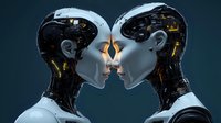 Futuristic android couple with exposed mechanical interiors facing each other intimately against dark background, glowing light between their faces.
