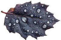 Dark autumn maple leaf covered with morning dew drops and water droplets on black background, macro photography showing nature details and textures.