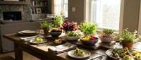 Rustic wooden dining table set with fresh herb plants, colorful salad bowls, and plated dishes in a cozy sunlit home interior.