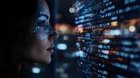 Young Asian woman in profile view with digital code projection on face, looking at glowing data stream against dark background with bokeh lights. Technology concept.