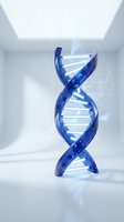 Blue glowing DNA double helix structure with neon lights in white laboratory setting, representing genetic research, biotechnology, and scientific innovation for medical and educational use.