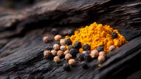 Turmeric powder and whole spices including coriander seeds and black peppercorns arranged on rustic wooden surface for culinary and cooking applications.