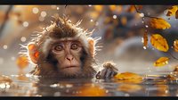 Young macaque monkey bathing in hot spring water with autumn leaves floating around, backlit fur creating magical glow effect in morning light, close up portrait.
