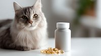 Long-haired gray cat lying near white supplement bottle and omega-3 fish oil capsules on light background, pet health care and veterinary concept.