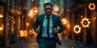Caucasian businessman in suit running through dark city street with magical glowing bokeh lights and sparkler effects creating dramatic atmospheric scene.