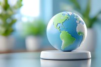 Miniature globe model showing Americas and Europe on white stand against blurred green background, representing global business and environmental concepts.
