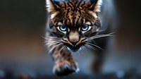 Close-up portrait of fierce wild cat with piercing blue eyes and spotted fur pattern showing intense predatory gaze and detailed facial features.