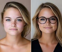Before and after comparison portrait of young Caucasian woman with freckles, natural makeup, blonde hair - one with eyeglasses and one without, showing transformation.