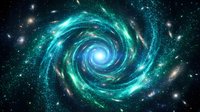 Spiral galaxy with glowing turquoise and blue arms swirling through star-filled cosmic space with nebula dust and celestial light effects for astronomy content.