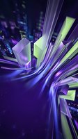 Futuristic abstract cityscape with glowing purple and green geometric shapes, dynamic light streaks, and neon bokeh for tech or gaming backgrounds.