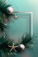 Tropical summer frame with palm leaves, starfish and pearl spheres on turquoise background. Elegant composition for spa, beauty and wellness design.
