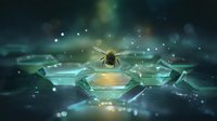 Magical scene of bumblebee hovering over glowing crystals in mystical green environment with floating light particles and bokeh effects creating ethereal atmosphere.