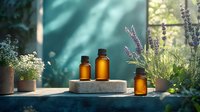 Amber glass bottles on marble stand surrounded by fresh lavender and chamomile herbs in sunlight with soft shadows. Natural aromatherapy and wellness concept.