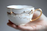 Elegant white porcelain teacup with gold mountain range design and handle held in palm, featuring delicate hand-painted details against soft gray background.