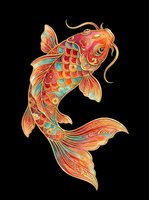 Ornamental koi fish with vibrant red, orange, gold, and turquoise scales isolated on transparent background. Ready for t-shirts, stickers, clipart, sublimation, and print-on-demand designs.