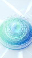 Concentric geometric layers in turquoise and blue gradient surrounding glowing digital sphere with circuit patterns, representing technology, innovation, and data connectivity for digital transformation projects.