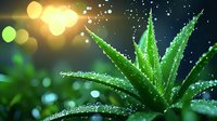 Fresh aloe vera plant with morning dew drops on spiky leaves against blurred natural bokeh background in sunlight, creating magical garden atmosphere.
