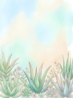 Soft watercolor aloe vera and succulent border with pastel sky background, copy space for text, great for cards, posters, and wellness branding.
