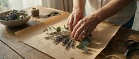 Male hands arranging dried herbs and seeds on kraft paper for culinary preparation, herbal medicine blending, or natural wellness product creation and packaging.