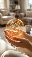 Hands holding glowing energy sphere with sacred geometry patterns in cozy living room setting for wellness and spiritual concepts.
