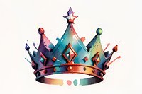 Watercolor royal crown with gradient colors from turquoise to pink, decorated with gems and star on top, artistic splatter effect on white background, isolated design element.