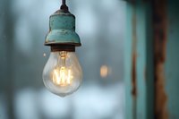Glowing vintage Edison light bulb with filament on turquoise background, illuminated warm lamp in retro copper fixture creates cozy atmospheric lighting.