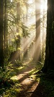 Sunlit forest path through tall evergreen trees with golden light rays streaming through canopy, moss-covered ground, and misty woodland atmosphere. Use for nature, travel, wellness, and environmental projects.