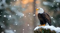 Majestic bald eagle perched on snow-covered rock during snowfall, against blurred winter forest background with warm bokeh lights.