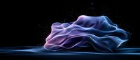 Abstract flowing silk fabric in blue and purple colors floating on reflective surface against black background with sparkles creating ethereal atmosphere.