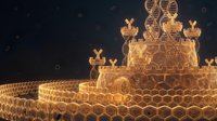 Glowing golden honeycomb structure with DNA helixes and molecular symbols floating against dark background, representing biotechnology, genetic research, and scientific innovation in medicine.