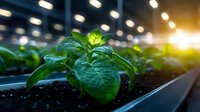 Young green plant seedling growing in modern hydroponic greenhouse with LED lighting system. Sustainable agriculture and indoor farming concept. Close up view.