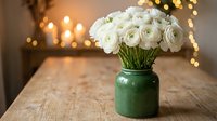 White ranunculus flowers in green ceramic vase on wooden table with warm candlelight and bokeh lights creating cozy home decor atmosphere for spring celebrations.