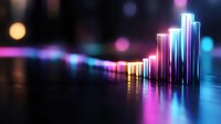 Colorful neon light bars creating vibrant data visualization chart with glowing effects and bokeh background for business analytics presentations.