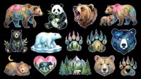 Watercolor woodland animals collection featuring bears, panda, and forest creatures with nature elements, isolated on transparent background. Ready for t-shirts, stickers, clipart, sublimation, and print-on-demand designs.