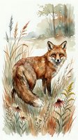 Watercolor red fox standing in autumn meadow with wildflowers and grasses, nature wildlife illustration for home decor and educational materials.