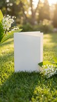 Blank white greeting card mockup with lily of the valley flowers on green grass in golden sunlight for spring wedding invitations and stationery design.