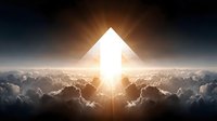Glowing white pyramid floating above clouds with bright sunburst light rays creating mystical spiritual atmosphere for meditation and enlightenment concepts.