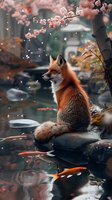 Enchanting scene of a red fox sitting peacefully by a Japanese garden pond with koi fish, under blooming cherry blossoms. Perfect for nature magazines, fairy tale illustrations or Asian-themed designs