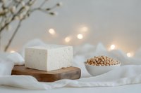 Fresh tofu block on wooden board with soybeans in bowl, soft bokeh lights, white fabric background, healthy vegan protein food concept.